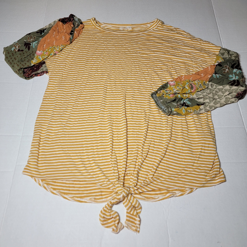 E. Luna Yellow Striped Long Sleeve Top Patchwork Pattern Sleeves Size Medium